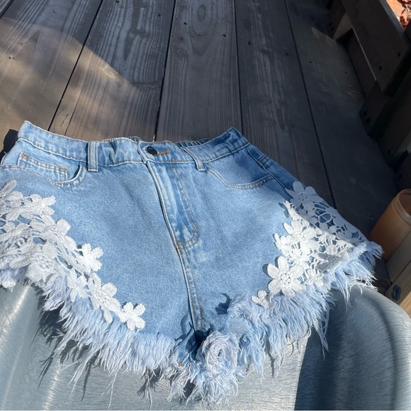 SHEIN Blue Denim Lace Trim Fringe Shorts - Picture 3 of 5